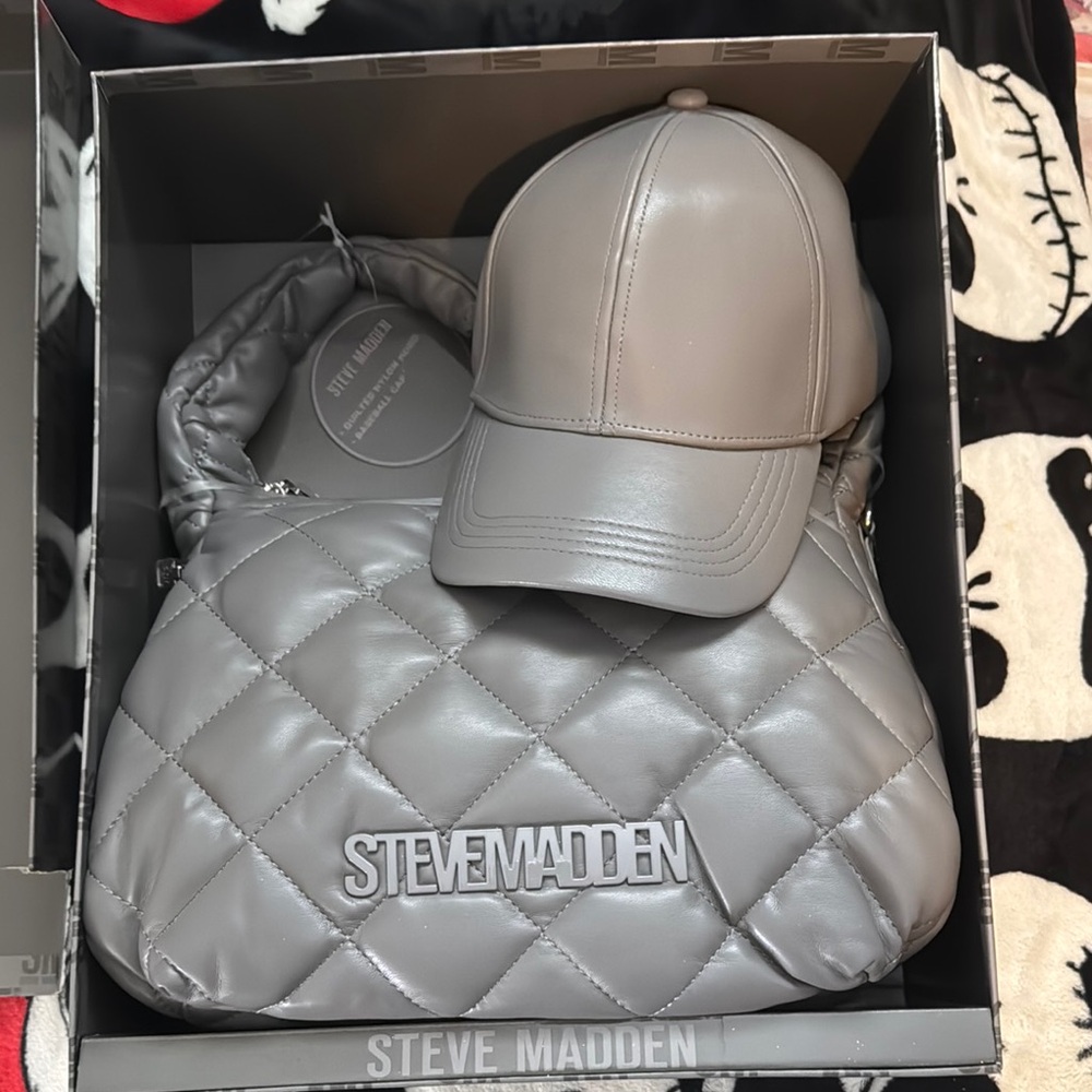 Steve Madden Quilted Gray Bag and Cap Set